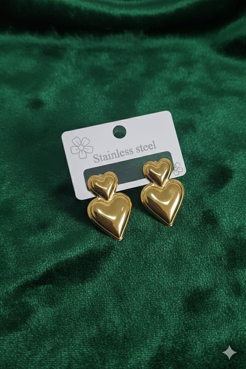 Double Heart Drop - Anti Tarnish Earrings - Hanging