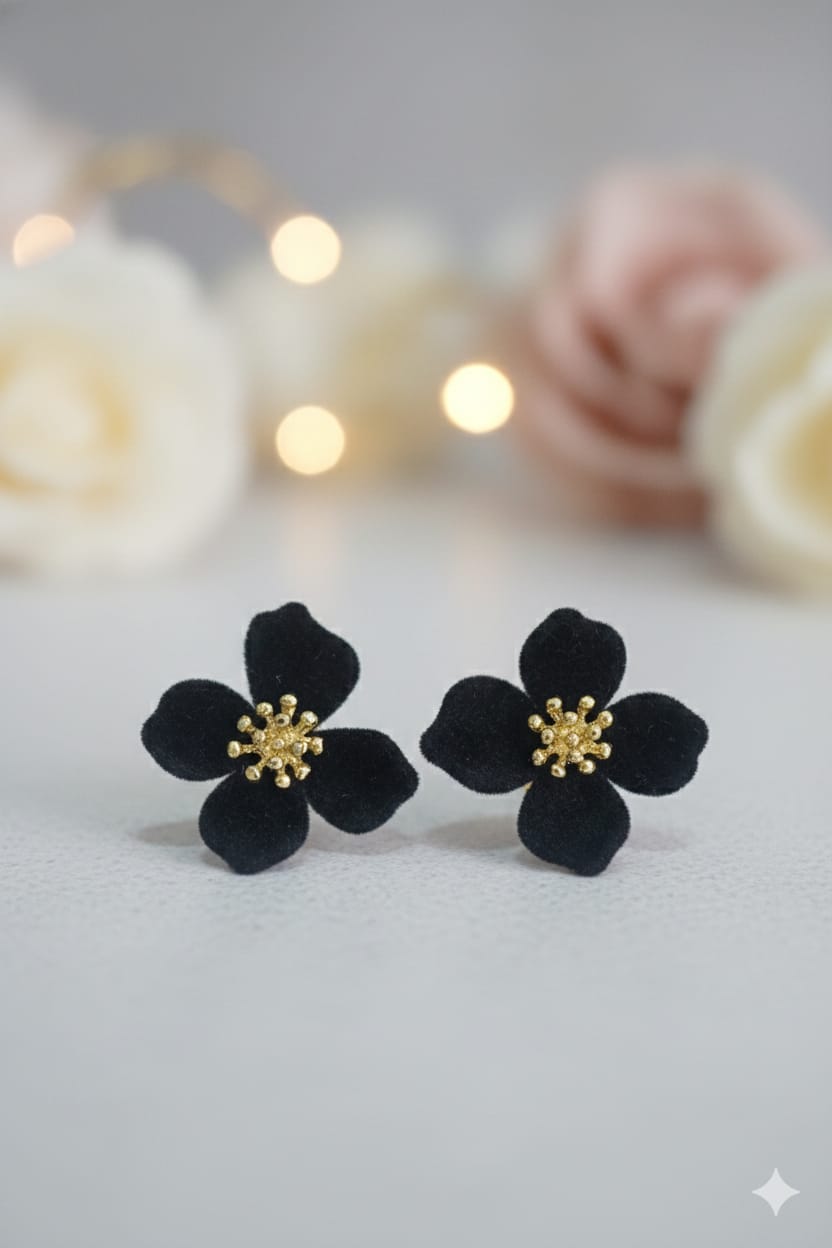 Velvet Flower Black - Korean Earring - Stud