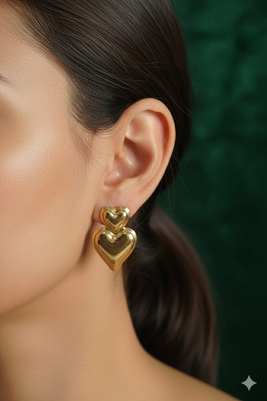 Double Heart Drop - Anti Tarnish Earrings -  Hanging