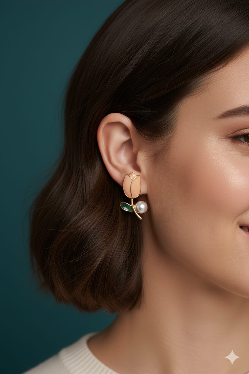 Pearl Lotus Flower - Korean Earrings - Stud