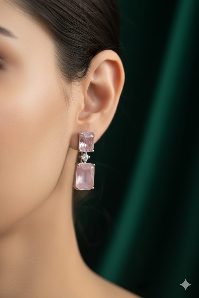 Pink Stone Drop - AD Stone Earrings - Hanging