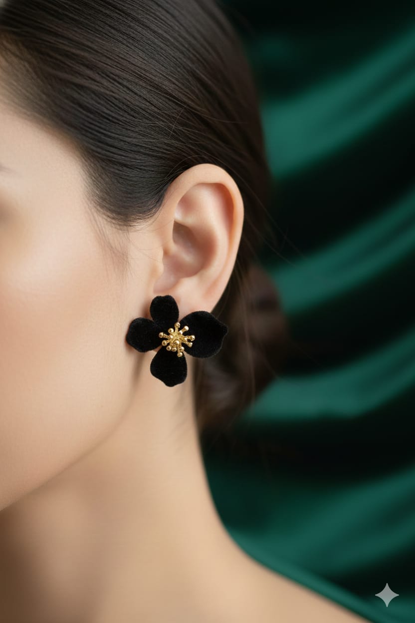 Velvet Flower Black - Korean Earring - Stud