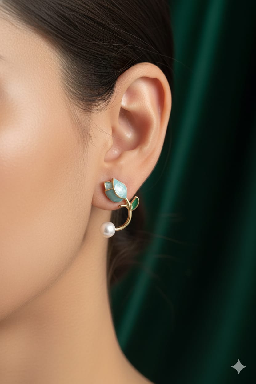 Pearl Lotus Flower - Korean Earrings - Stud [ Sky Blue ]