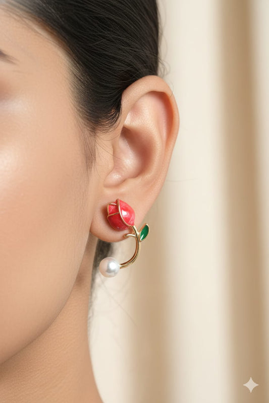 Pearl Lotus Flower - Korean Earring - Stud [ Red ]