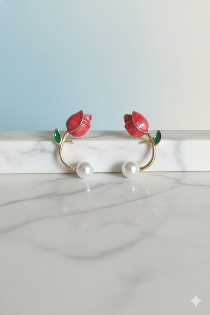 Pearl Lotus Flower - Korean Earring - Stud [ Red ]
