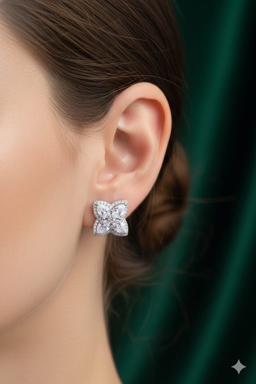 Floral Stone - American Diamond Earring - Stud