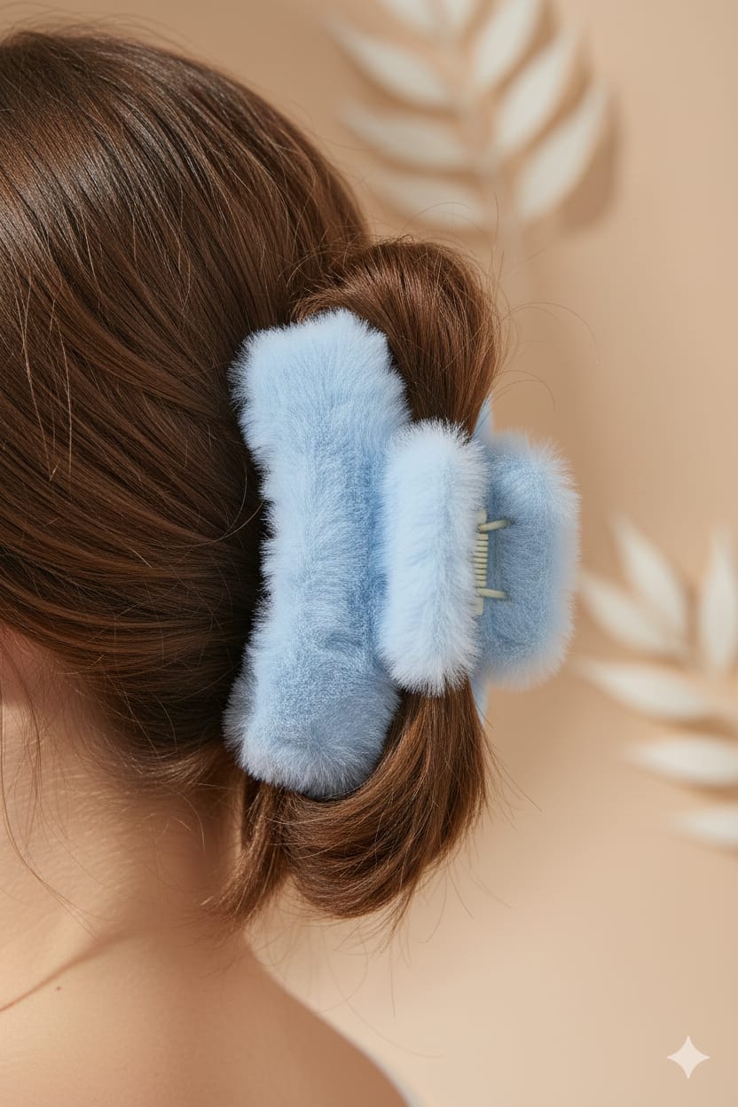 Fluffy Fur Hair Claw Clip - Sky Blue