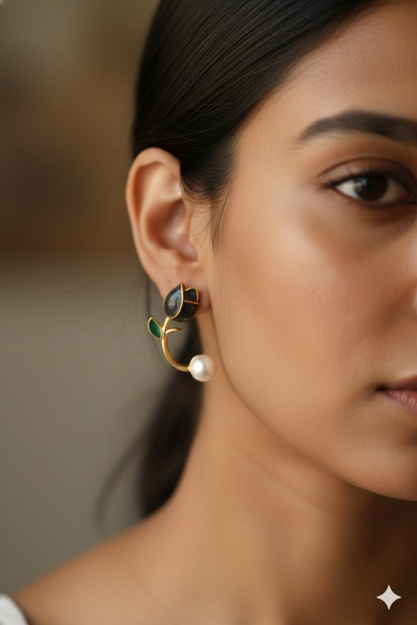 Pearl Lotus Flower - Korean Earrings - Stud [ Black ]