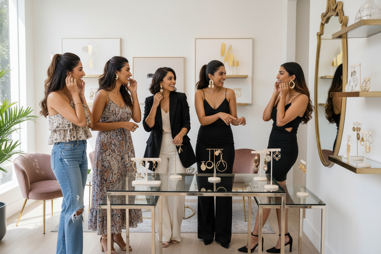group of modern indian girls purchase western collection earrings